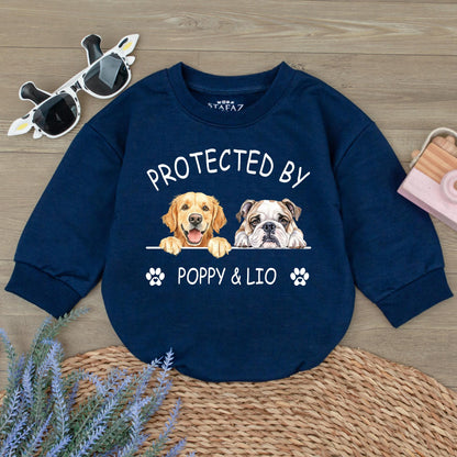 Protected by Poppy & Lio Dog Romper Custom Baby Gift, Corgi Frenchie Design Puppy Outfit Newborn Boy Girl, Personalized Baby Announcement, Unique