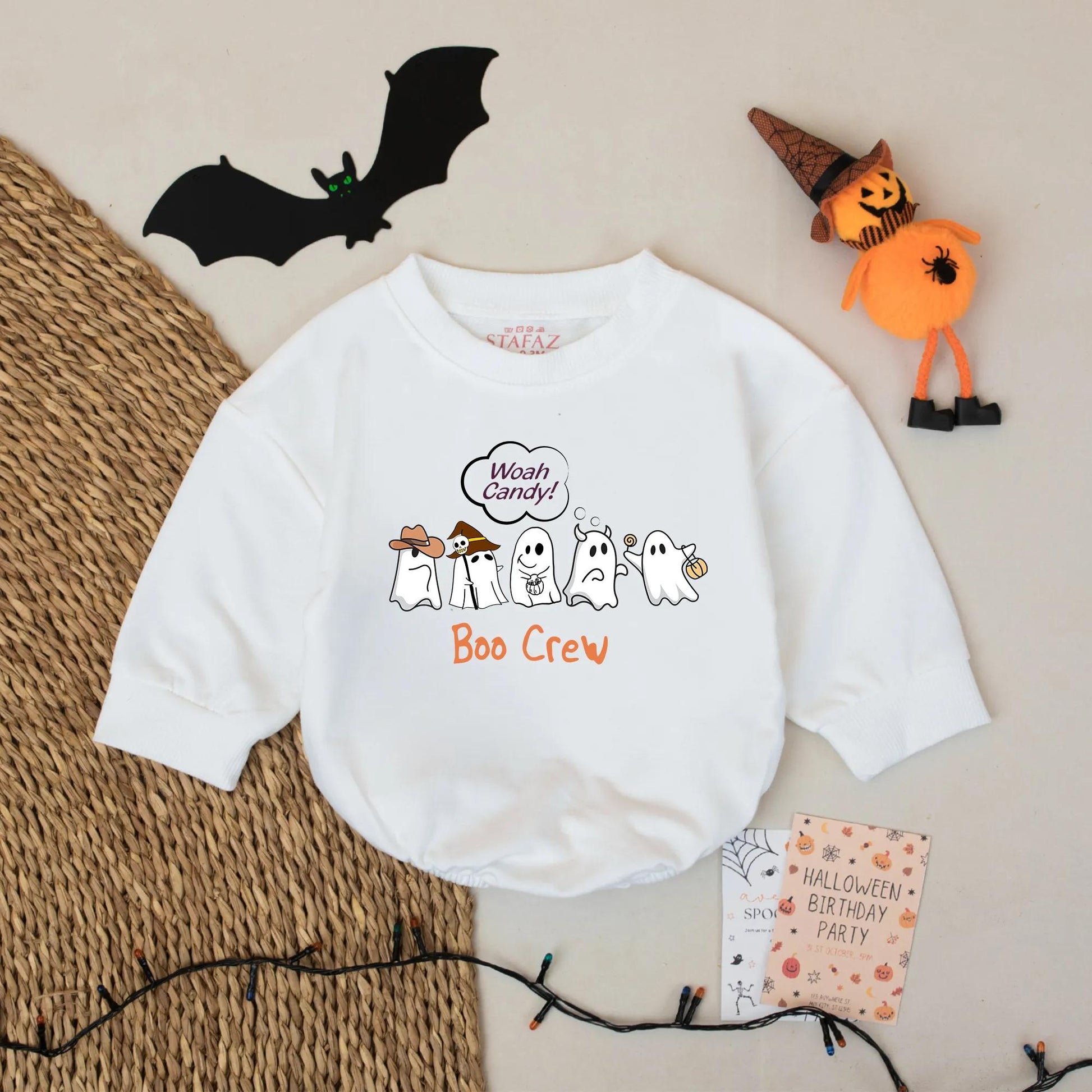 Woah Candy! Ghost Boo Crew Baby Romper: Spooky Cute Halloween Outfit with Cartoon Ghosts & Cowboy Hats, Fall Trick or Treat Bodysuit Costume Gift 139