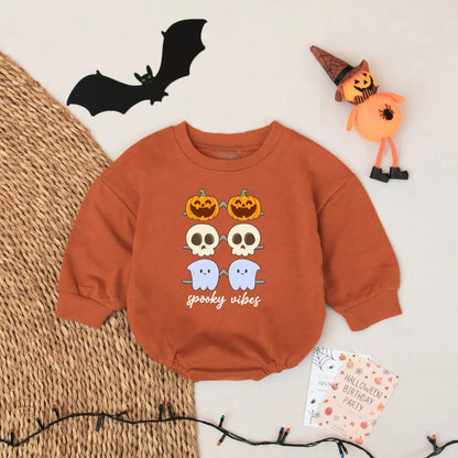 Cute Spooky Vibes Baby Romper with Ghost Pumpkin Skulls – Cozy Fall Infant Halloween Outfit Gift