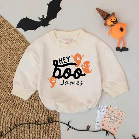 Hey Boo Ghost Personalized Baby Romper Custom Name Halloween Outfit Cute Spooky Fall Infant Bodysuit Adorable Boo Baby Gift Idea