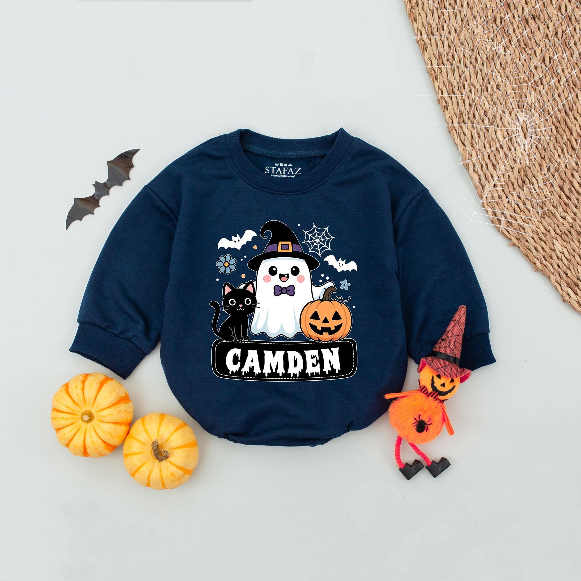 Camden Cute Ghost Halloween Baby Romper Friendly Witch Hat Black Cat Jack-o'-lantern Spooky Season Gift for Infant Boys