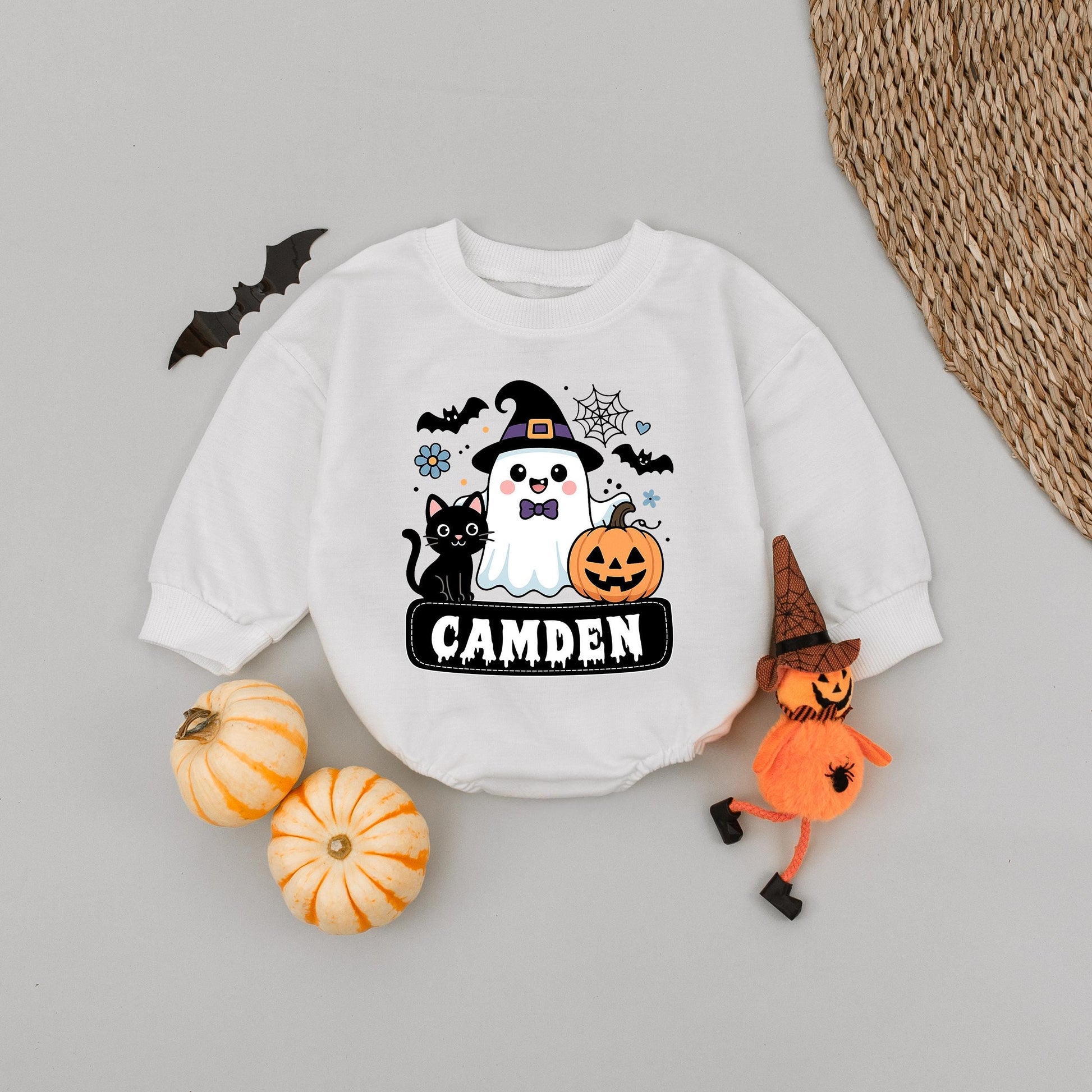 Camden Cute Ghost Halloween Baby Romper Friendly Witch Hat Black Cat Jack-o'-lantern Spooky Season Gift for Infant Boys
