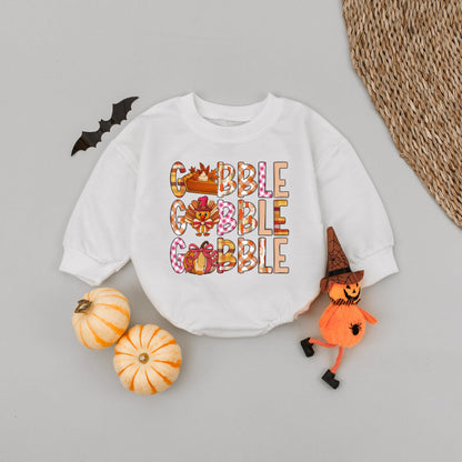 Gobble Gobble Turkey Romper Baby Girl Outfit Pink Orange Plaid Polka Dot Pumpkin Pie Pie Slice Cartoon Turkey First Thanksgiving