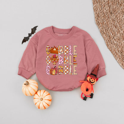 Gobble Gobble Turkey Romper Baby Girl Outfit Pink Orange Plaid Polka Dot Pumpkin Pie Pie Slice Cartoon Turkey First Thanksgiving