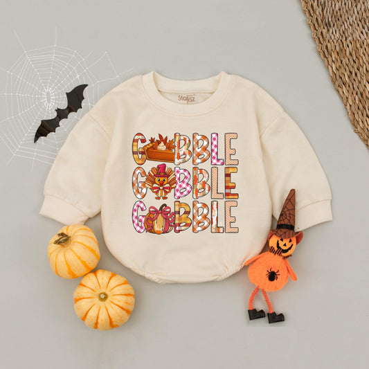 Gobble Gobble Turkey Romper Baby Girl Outfit Pink Orange Plaid Polka Dot Pumpkin Pie Pie Slice Cartoon Turkey First Thanksgiving