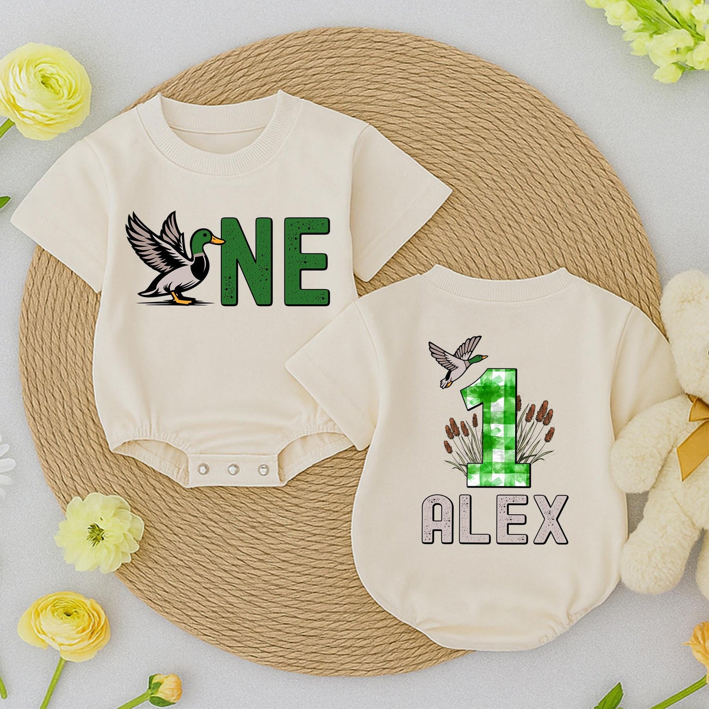 Custom Mallard Duck ONE Birthday Romper for Boys & Girls Duckling Outfits Toddler Animal Clothes Hunting Theme