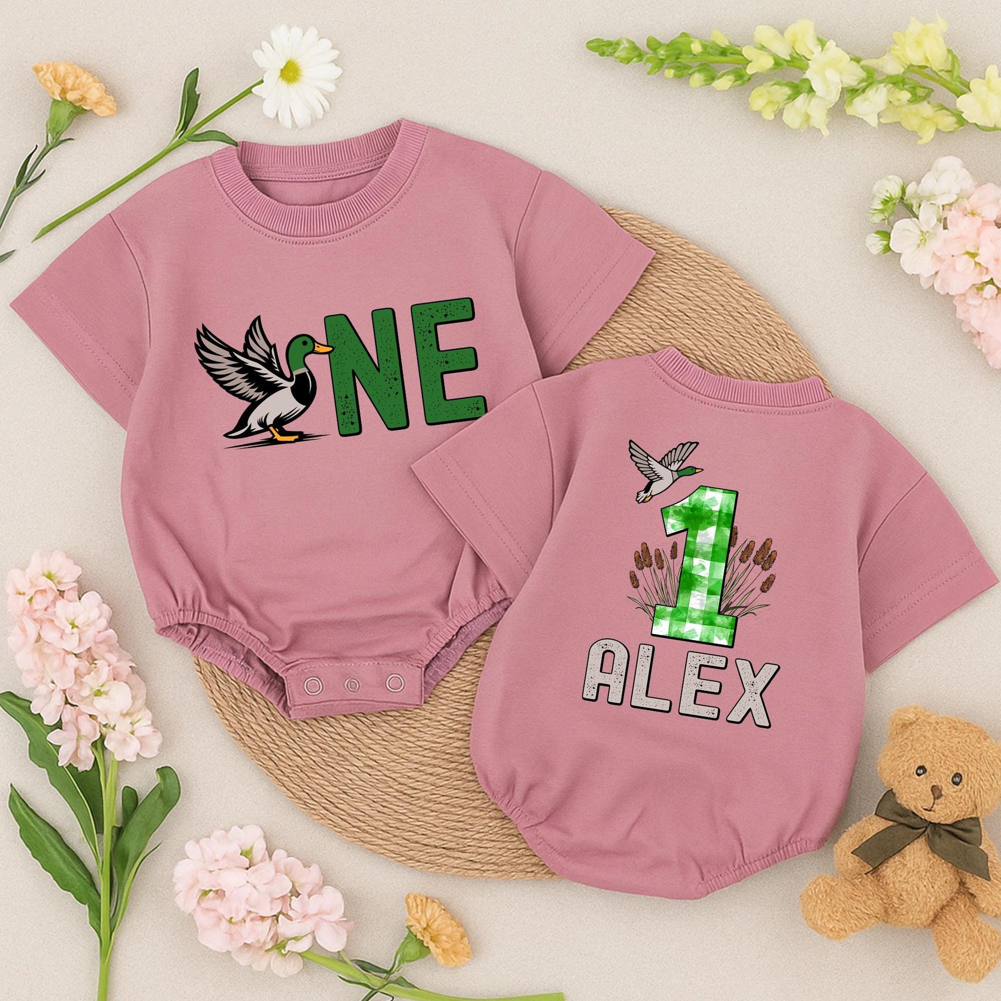 Custom Mallard Duck ONE Birthday Romper for Boys & Girls Duckling Outfits Toddler Animal Clothes Hunting Theme