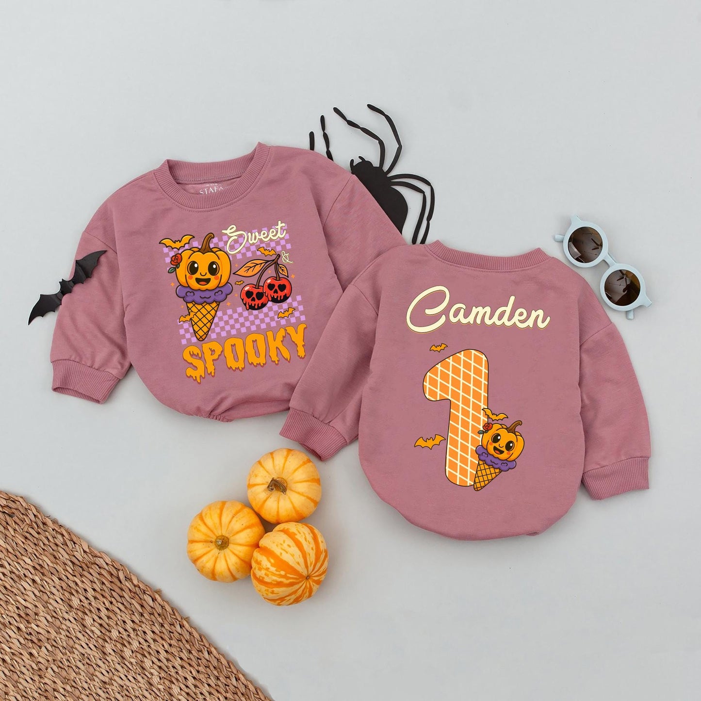 Personalized Camden Halloween Baby Romper, Sweet & Spooky Pumpkin Ice Cream Cone Design, Fall Infant Girl Outfit