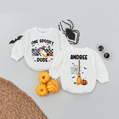 Personalized Spooky Dude Romper, First Halloween Baby Boy Outfit, Witch Hat Ghost Bodysuit, Custom Name Fall Birthday Spider Web Bats, 138