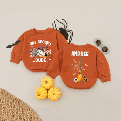 Personalized Spooky Dude Romper, First Halloween Baby Boy Outfit, Witch Hat Ghost Bodysuit, Custom Name Fall Birthday Spider Web Bats, 138
