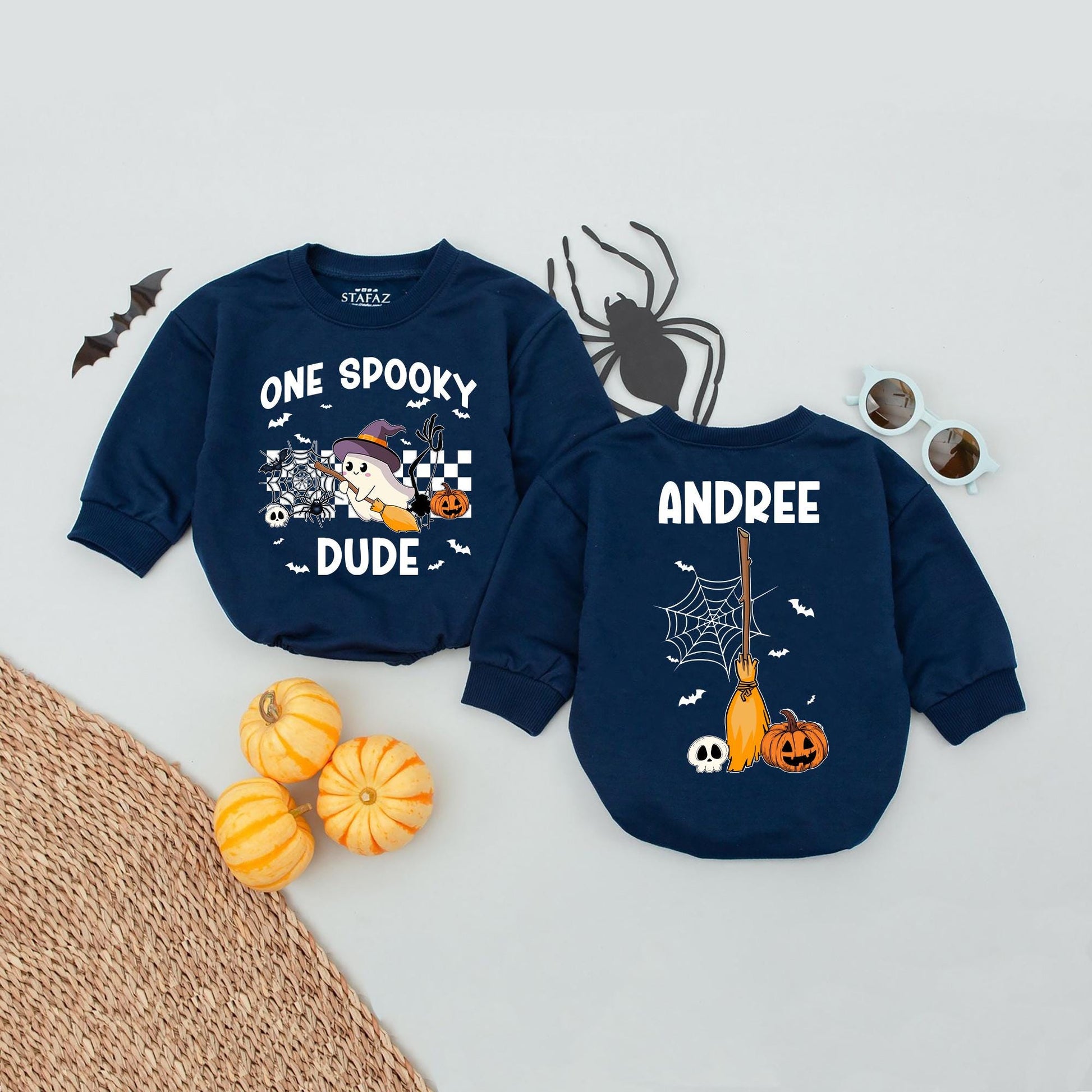 Personalized Spooky Dude Romper, First Halloween Baby Boy Outfit, Witch Hat Ghost Bodysuit, Custom Name Fall Birthday Spider Web Bats, 138