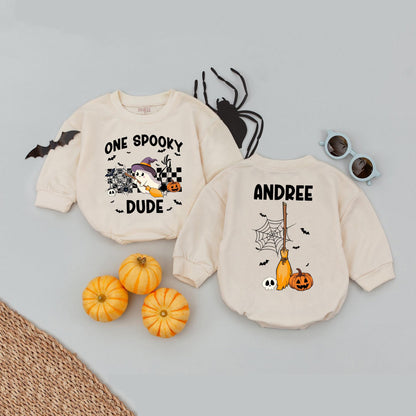 Personalized Spooky Dude Romper, First Halloween Baby Boy Outfit, Witch Hat Ghost Bodysuit, Custom Name Fall Birthday Spider Web Bats, 138