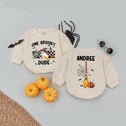 Personalized Spooky Dude Romper, First Halloween Baby Boy Outfit, Witch Hat Ghost Bodysuit, Custom Name Fall Birthday Spider Web Bats, 138