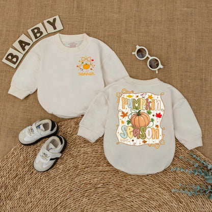 Personalized Pumpkin Season Bubble Romper Cute Fall Baby Girl Bodysuit Sweet Thanksgiving Outfit Little Pumpkin Patch Gift