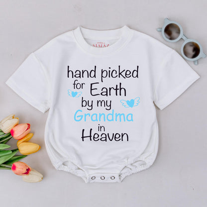 Hand Picked for Earth Baby Romper Newborn Bodysuit Grandma in Heaven Gift Sweet Blue Heart Wing Design