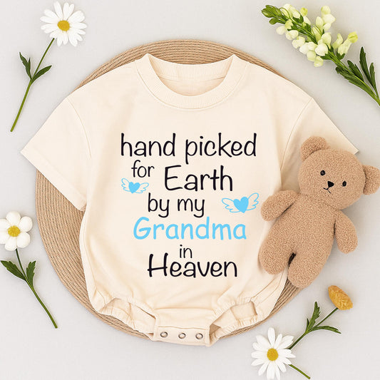 Hand Picked for Earth Baby Romper Newborn Bodysuit Grandma in Heaven Gift Sweet Blue Heart Wing Design