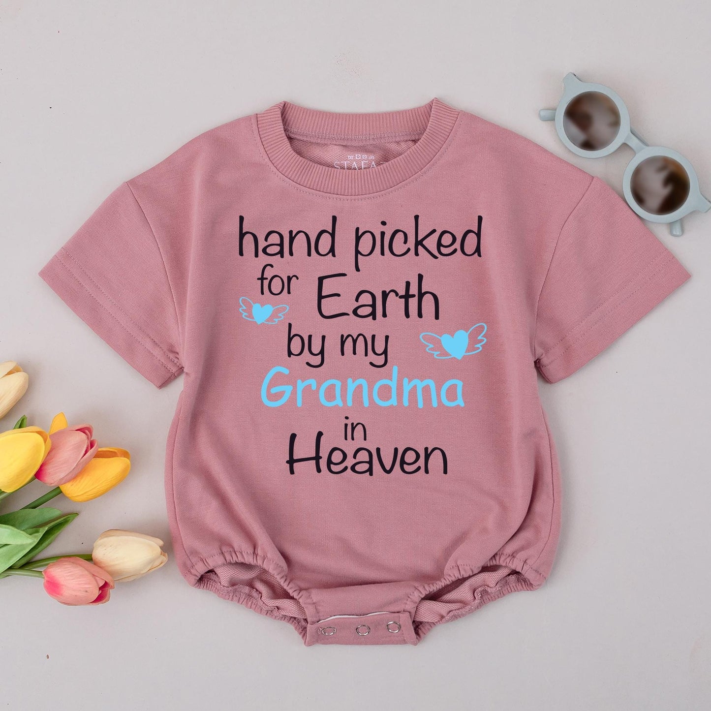 Hand Picked for Earth Baby Romper Newborn Bodysuit Grandma in Heaven Gift Sweet Blue Heart Wing Design
