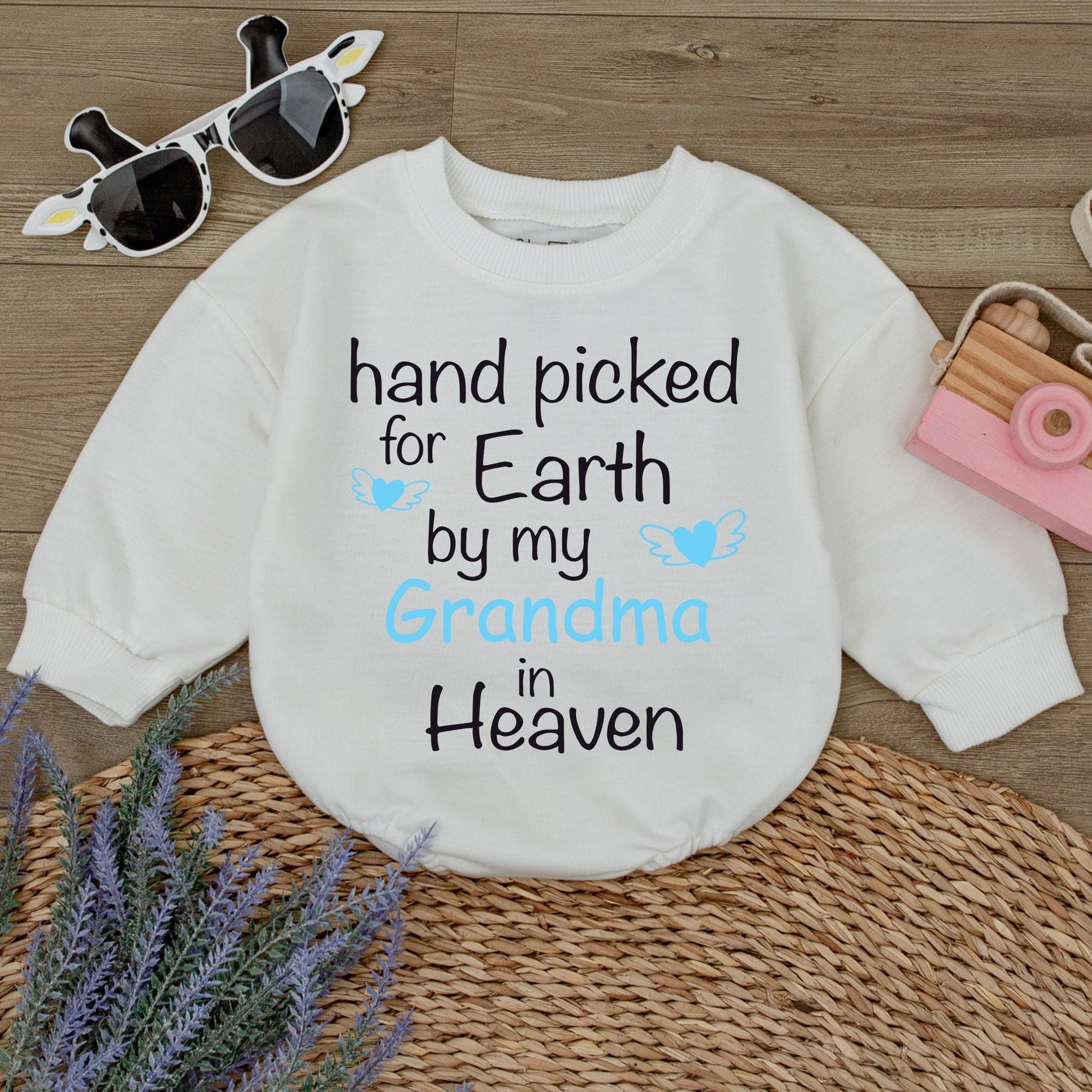 Hand Picked for Earth Baby Romper Newborn Bodysuit Grandma in Heaven Gift Sweet Blue Heart Wing Design