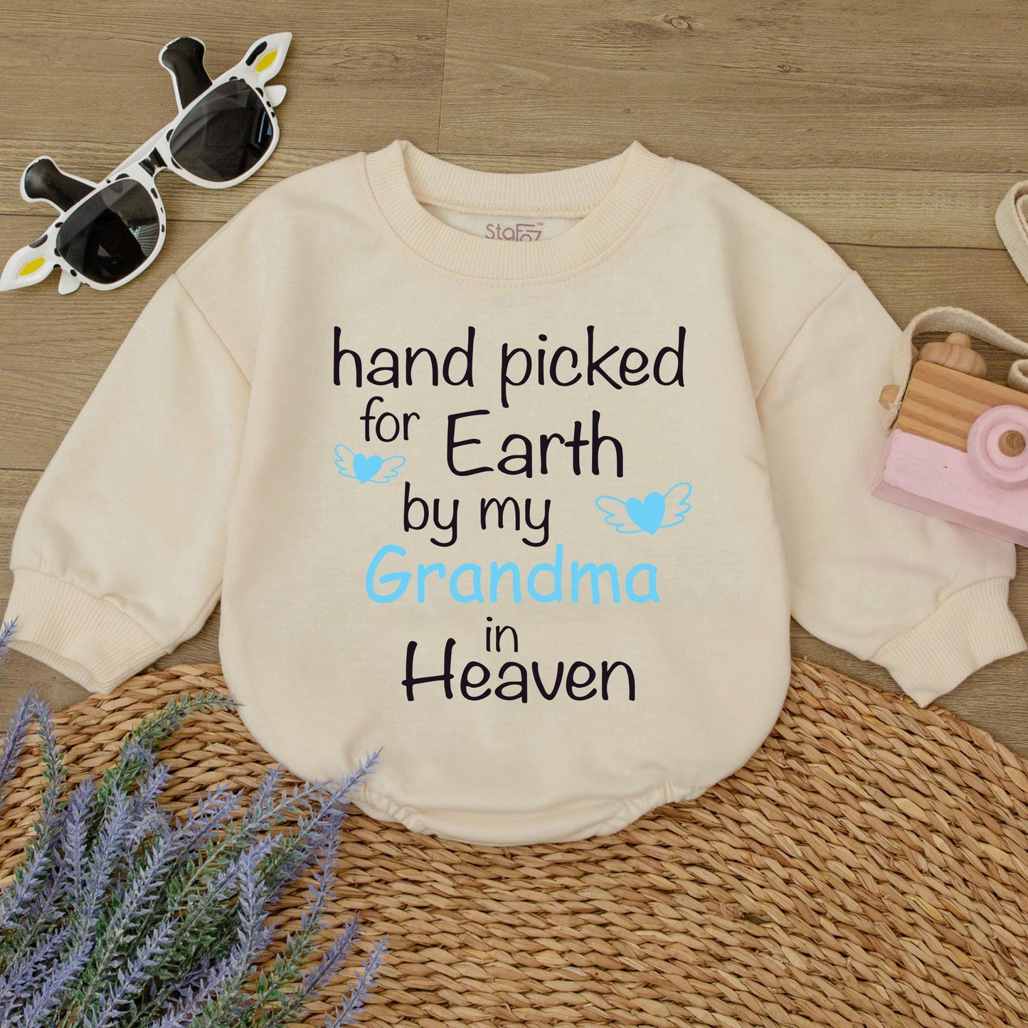 Hand Picked for Earth Baby Romper Newborn Bodysuit Grandma in Heaven Gift Sweet Blue Heart Wing Design