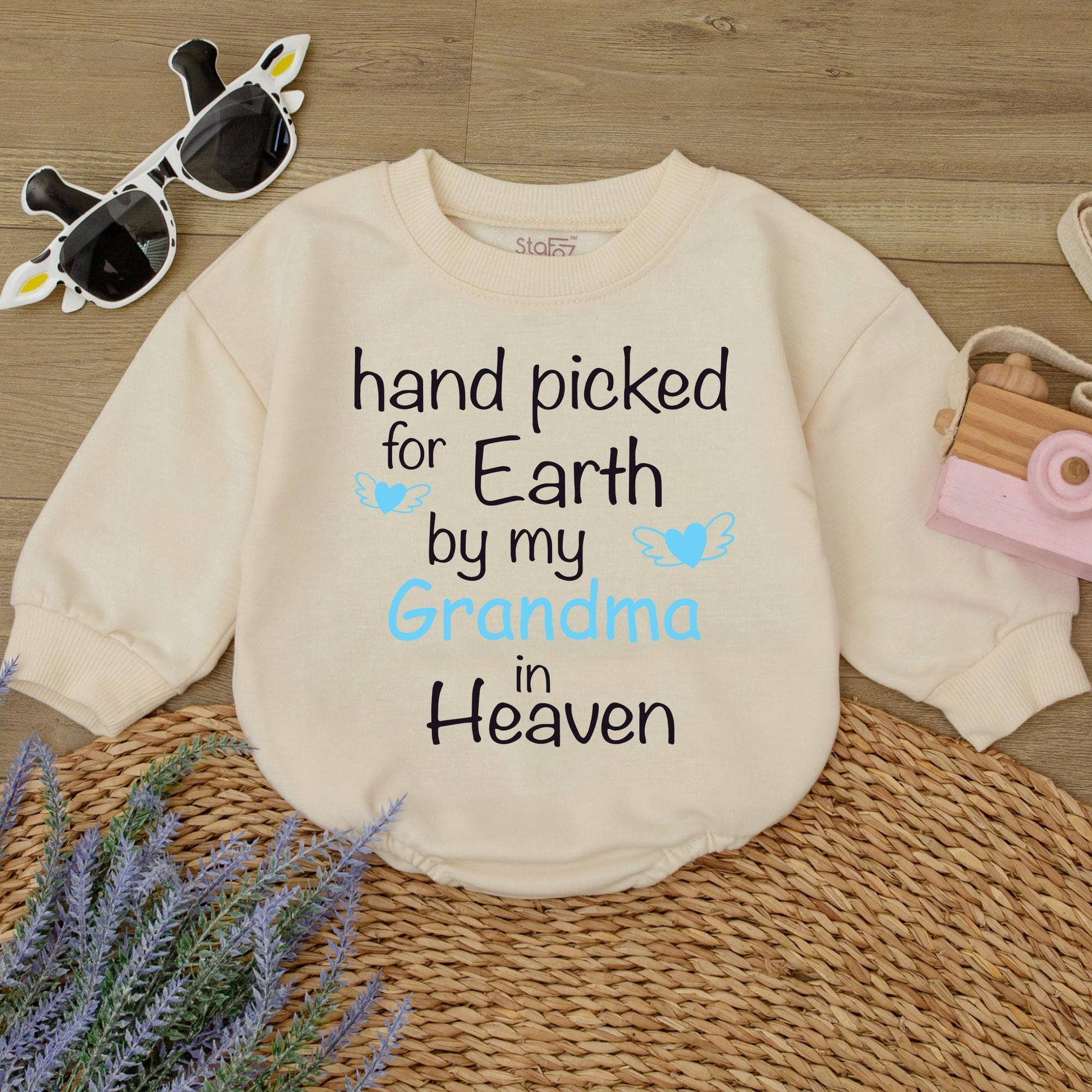 Hand Picked for Earth Baby Romper Newborn Bodysuit Grandma in Heaven Gift Sweet Blue Heart Wing Design