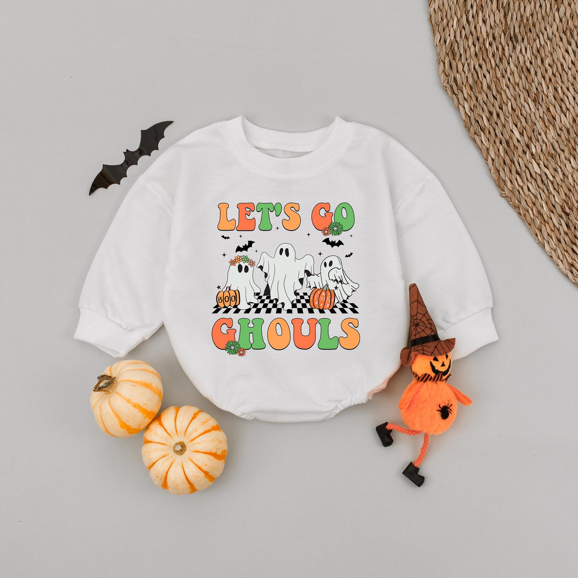 Let's Go Ghouls Baby Romper Orange Green Retro Ghost Halloween Gift for Baby Girl Spooky Season Bodysuit Newborn Trick or Treat Outfit