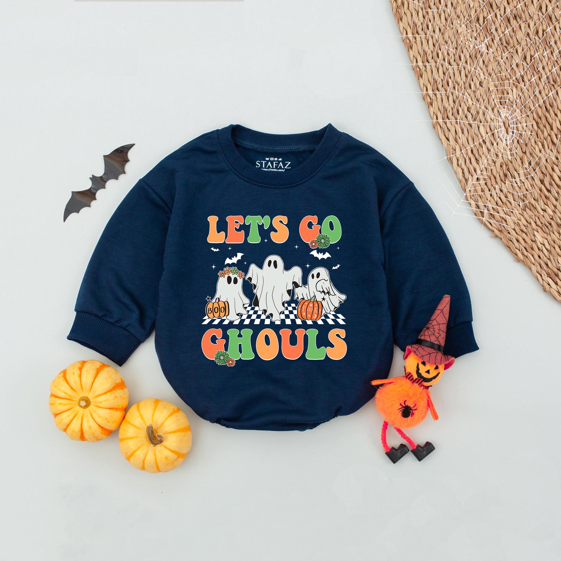 Let's Go Ghouls Baby Romper Orange Green Retro Ghost Halloween Gift for Baby Girl Spooky Season Bodysuit Newborn Trick or Treat Outfit