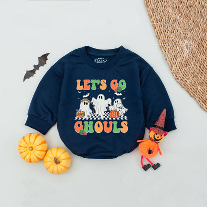 Let's Go Ghouls Baby Romper Orange Green Retro Ghost Halloween Gift for Baby Girl Spooky Season Bodysuit Newborn Trick or Treat Outfit