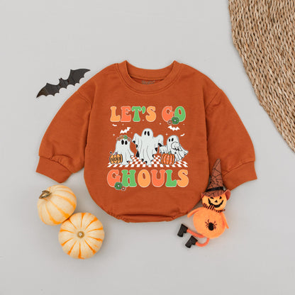 Let's Go Ghouls Baby Romper Orange Green Retro Ghost Halloween Gift for Baby Girl Spooky Season Bodysuit Newborn Trick or Treat Outfit