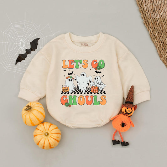 Let's Go Ghouls Baby Romper Orange Green Retro Ghost Halloween Gift for Baby Girl Spooky Season Bodysuit Newborn Trick or Treat Outfit
