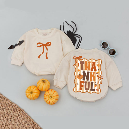 Cute Thankful Fall Bubble Romper Orange Bow Retro Pumpkins Acorns Leaves Baby Girl Thanksgiving Outfit Cozy Autumn