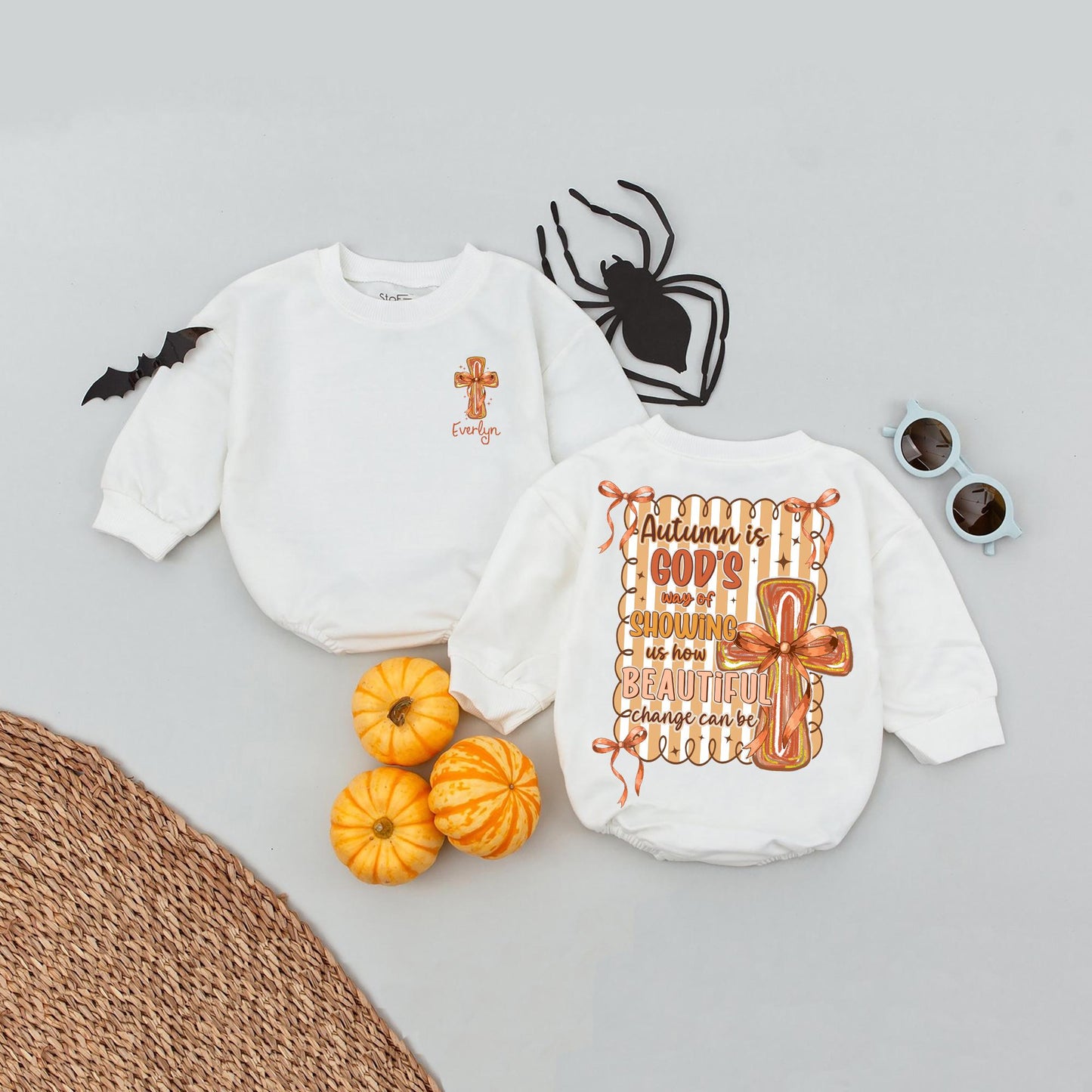 Everlyn Autumn Christian Bubble Romper with Cross and Orange Bows God's Way of Showing Beautiful Change Baby Girl Outfit