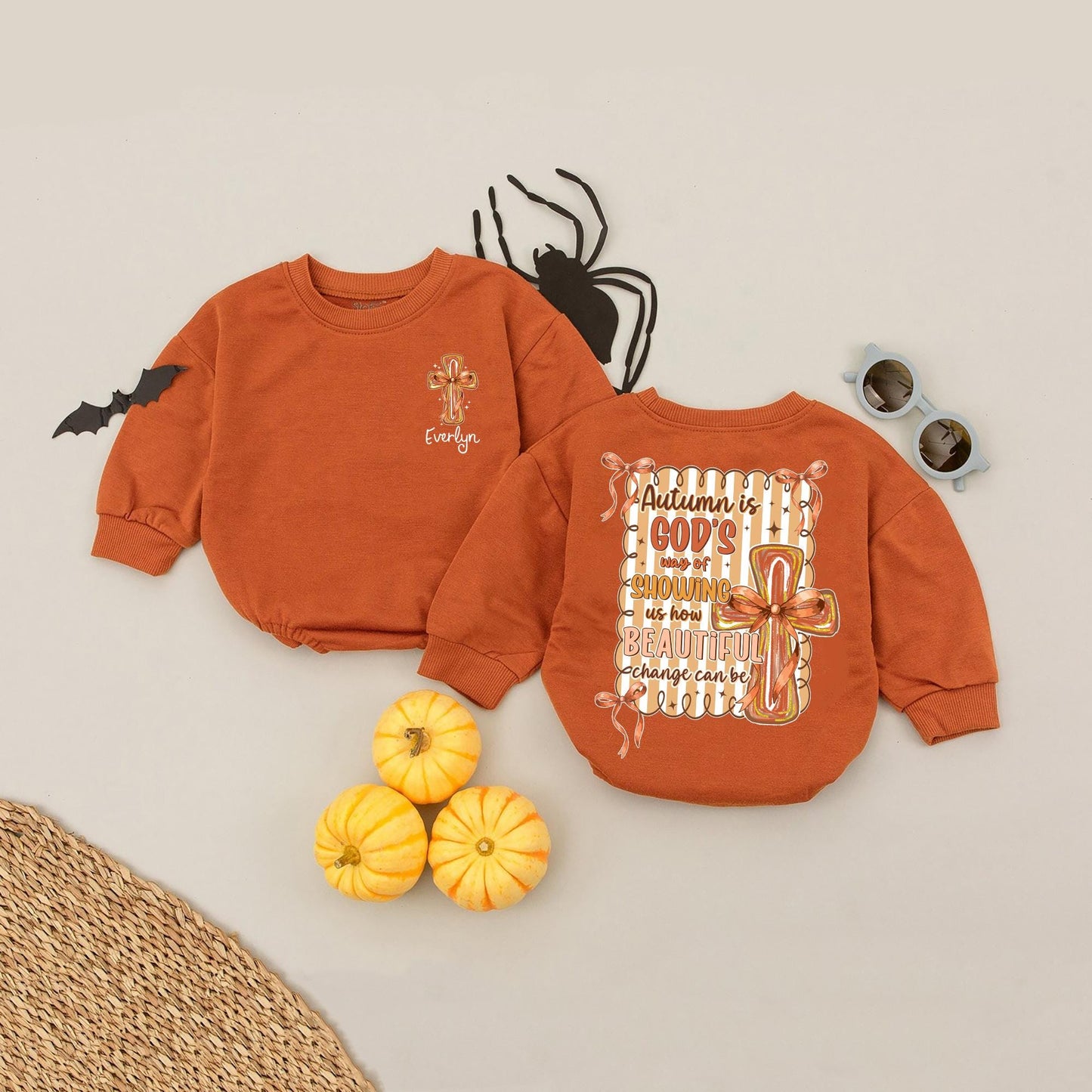 Everlyn Autumn Christian Bubble Romper with Cross and Orange Bows God's Way of Showing Beautiful Change Baby Girl Outfit