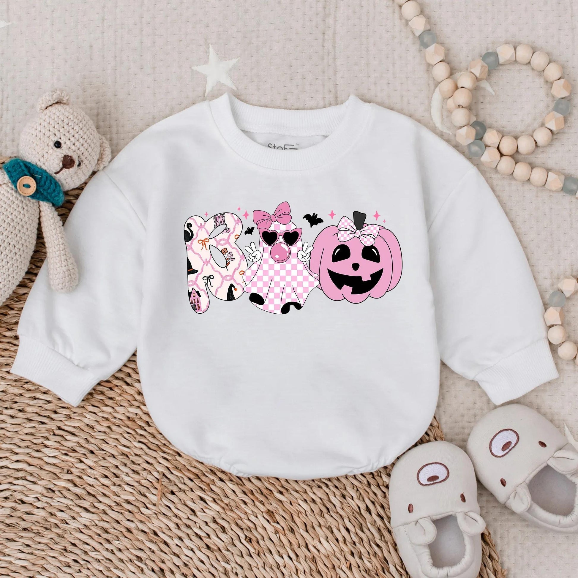 Boo Ghost Bubble Romper Baby Girl Halloween Outfit Spooky Pumpkin Costume Retro Fall Checker with Bow for First Boo Celebration
