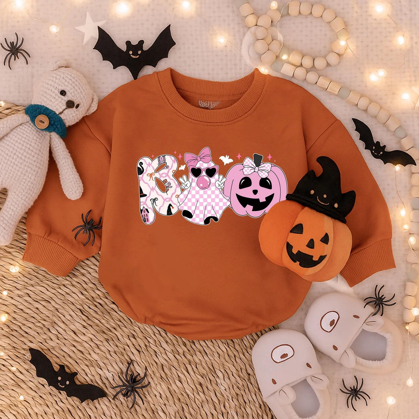 Boo Ghost Bubble Romper Baby Girl Halloween Outfit Spooky Pumpkin Costume Retro Fall Checker with Bow for First Boo Celebration