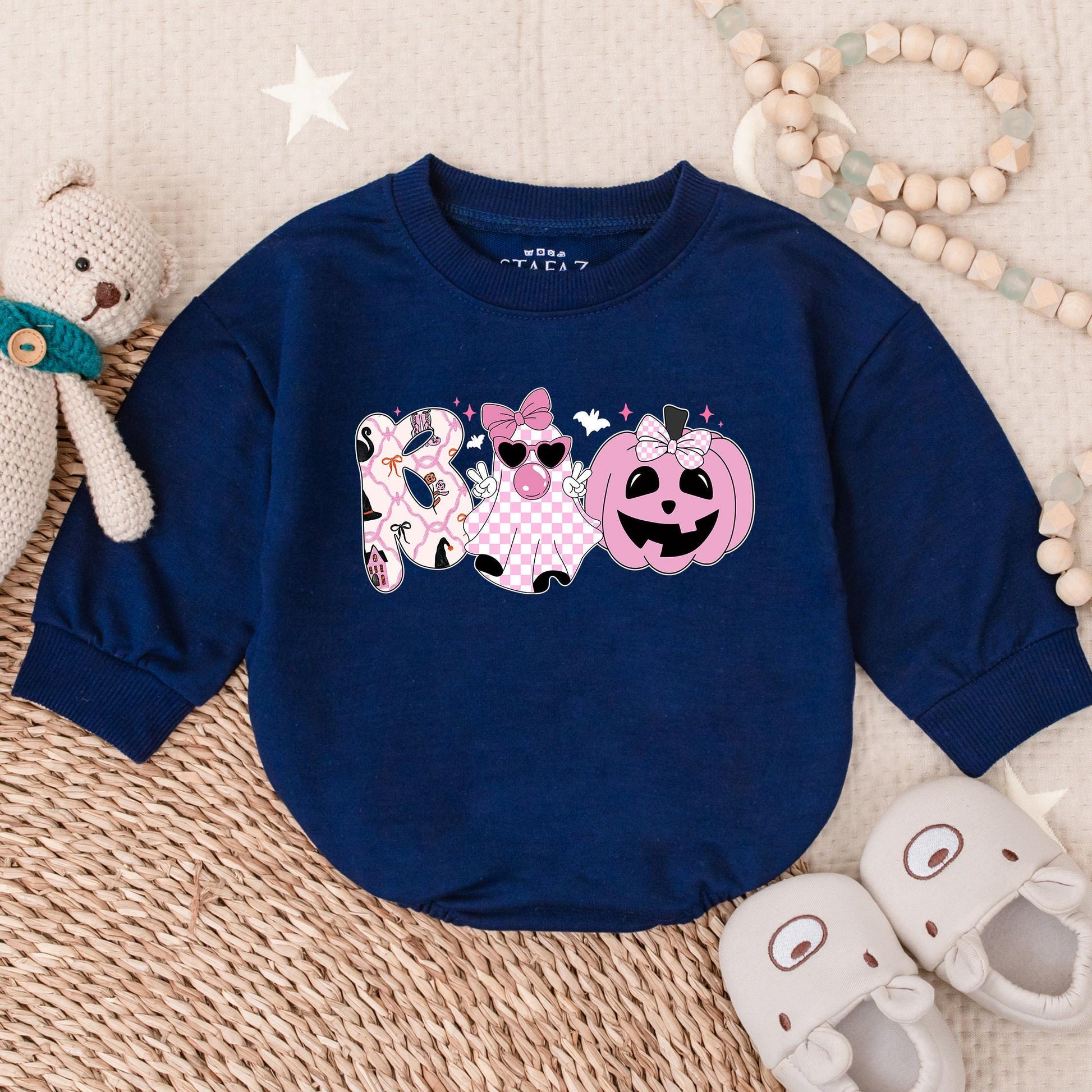 Boo Ghost Bubble Romper Baby Girl Halloween Outfit Spooky Pumpkin Costume Retro Fall Checker with Bow for First Boo Celebration