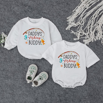 Daddy's Fishing Buddy Romper: Reel Cute Baby Boy Outfit, Lake Day Fun! Infant Bodysuit with Seahorse & Starfish, Fishing Theme Baby Shower Gift (138 chars)