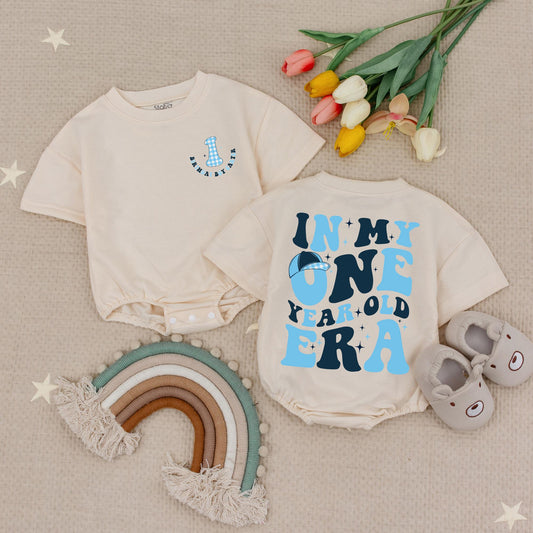 Custom Name One Year Old Era Birthday Boy Romper, Retro Baby 1st Birthday Outfit Blue Baseball Cap Stars, Personalized First Birthday Baby Boy Gift