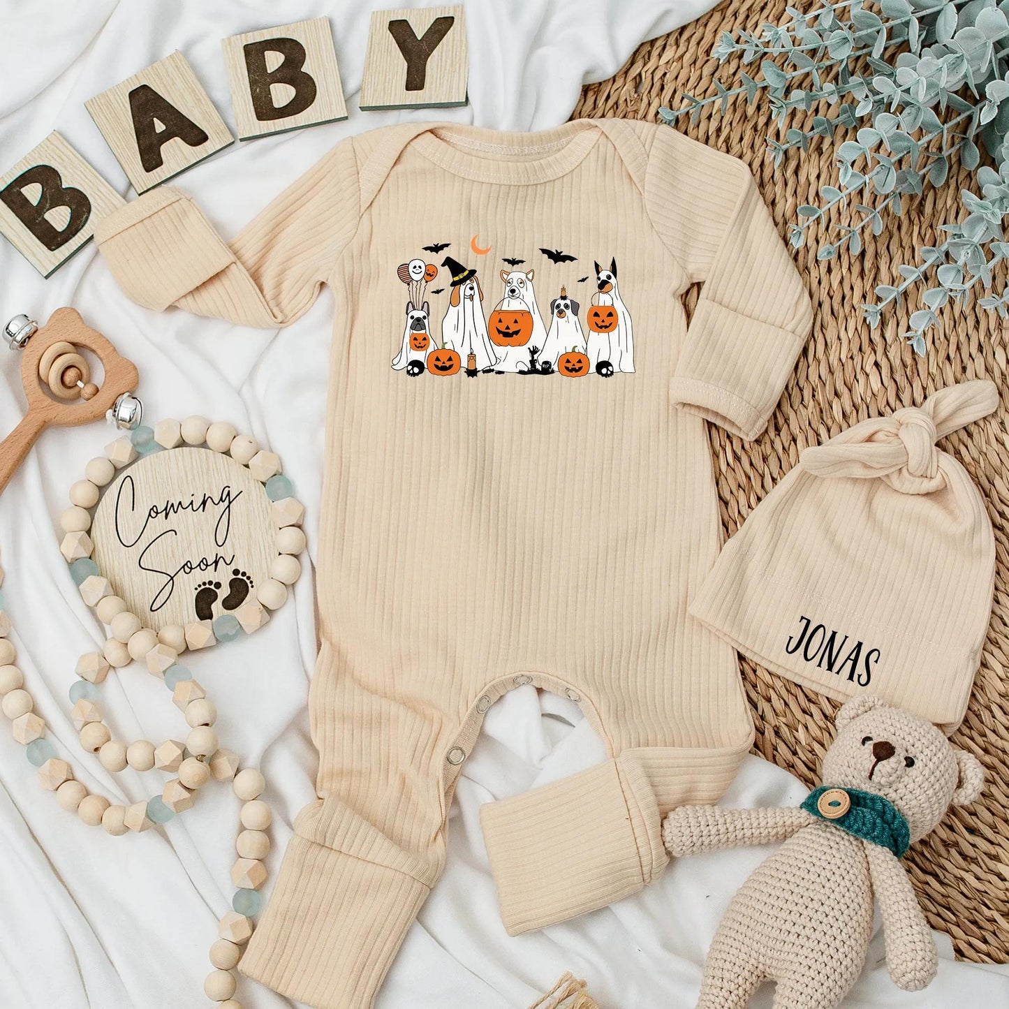 Cute Halloween Ghost Dogs Baby Bodysuit with Pumpkins and Bats Funny Spooky Newborn Romper Ideal Baby Shower Gift