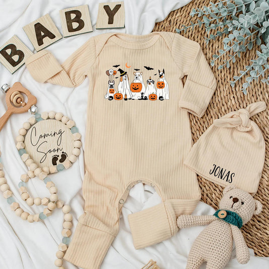 Cute Halloween Ghost Dogs Baby Bodysuit with Pumpkins and Bats Funny Spooky Newborn Romper Ideal Baby Shower Gift