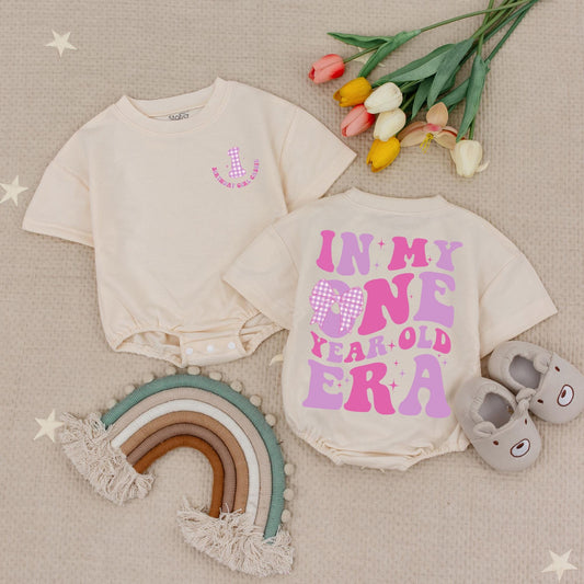 Personalized Birthday Girl Bubble Romper In My One Year Old Era Pink Purple Gingham Design Baby Celebration Outfit Gift