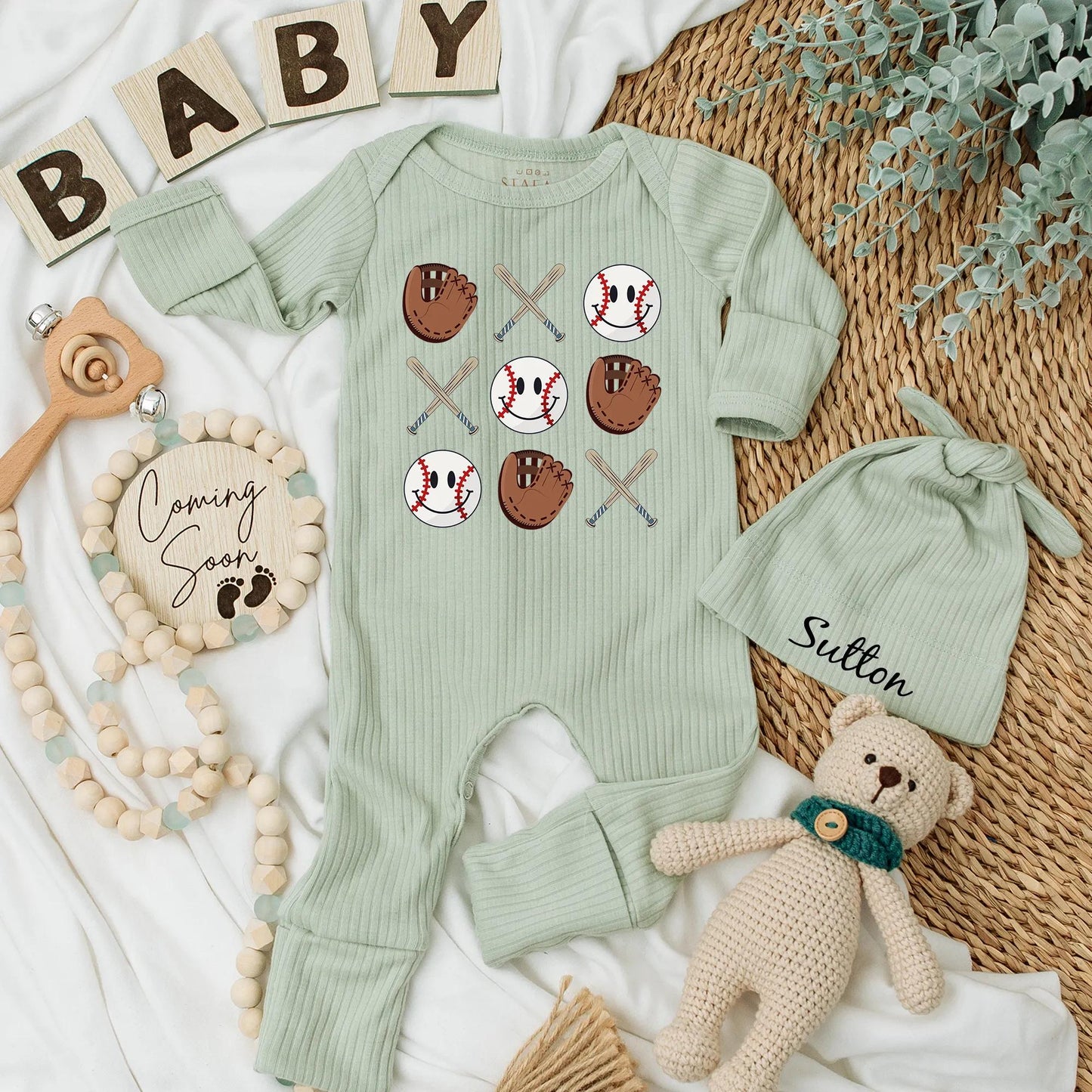 Retro Baseball Baby Bodysuit Cute Game Day Romper with Smiling Baseballs Crossed Bats Brown Gloves Playful Cartoon Design Toddler Infant Outfit