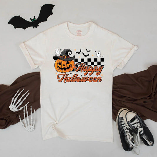 Cute Halloween Pumpkin Witch Hat Shirt Happy Halloween Tee Spooky Season Fall Outfit Graphic T-Shirt