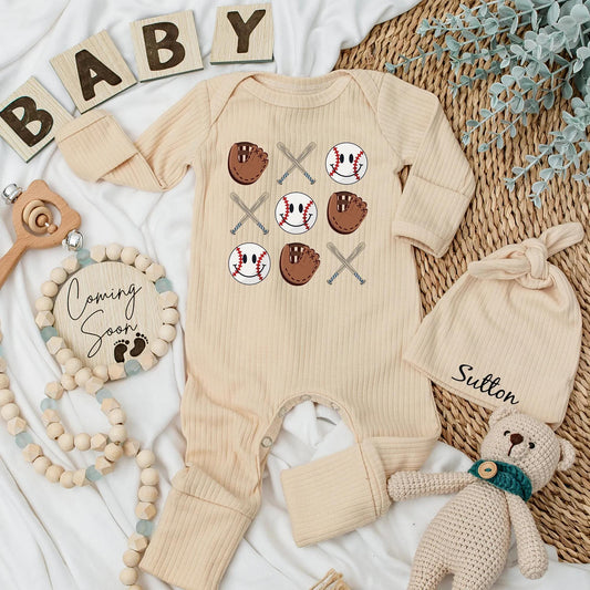 Retro Baseball Baby Bodysuit Cute Game Day Romper with Smiling Baseballs Crossed Bats Brown Gloves Playful Cartoon Design Toddler Infant Outfit