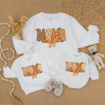Comfortable Matching Mama Mini Fall Sweatshirts for Mommy and Me Featuring Leopard Polka Dot Pumpkins Leaves Pie Festive Thanksgiving Apparel