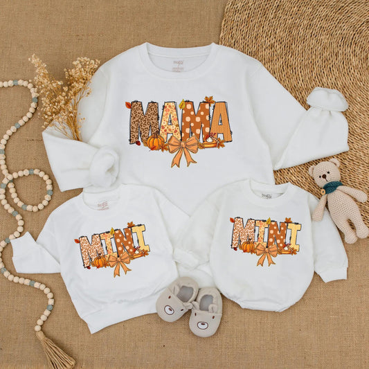 Comfortable Matching Mama Mini Fall Sweatshirts for Mommy and Me Featuring Leopard Polka Dot Pumpkins Leaves Pie Festive Thanksgiving Apparel