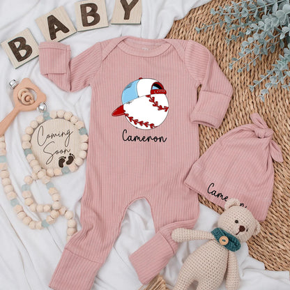 Personalized Cameron Baseball Baby Bodysuit, Cute Boy Newborn Outfit, Blue Cap Design, Coming Home Gift, Baseball Fan