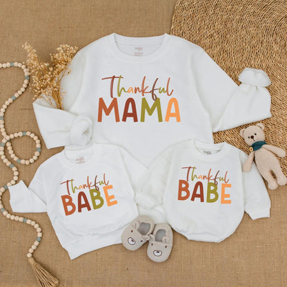 Thankful Mama Mini Babe Fall Sweatshirt Set, Thanksgiving Mommy and Me Outfit, Family Matching Sweaters, Orange Green Autumn Family Look 138 chr
