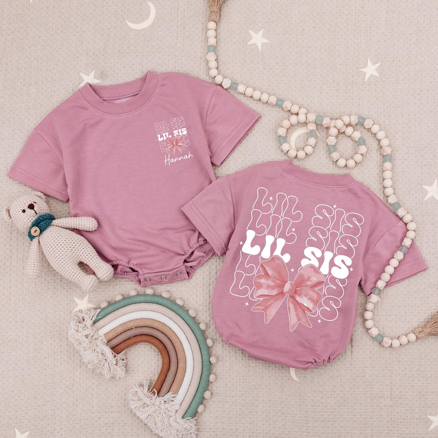 Custom Lil Sis Pink Bow Romper, Personalized Charlotte Baby Girl Outfit, Little Sister Bubble Romper Newborn Gift, Girly Babysuit