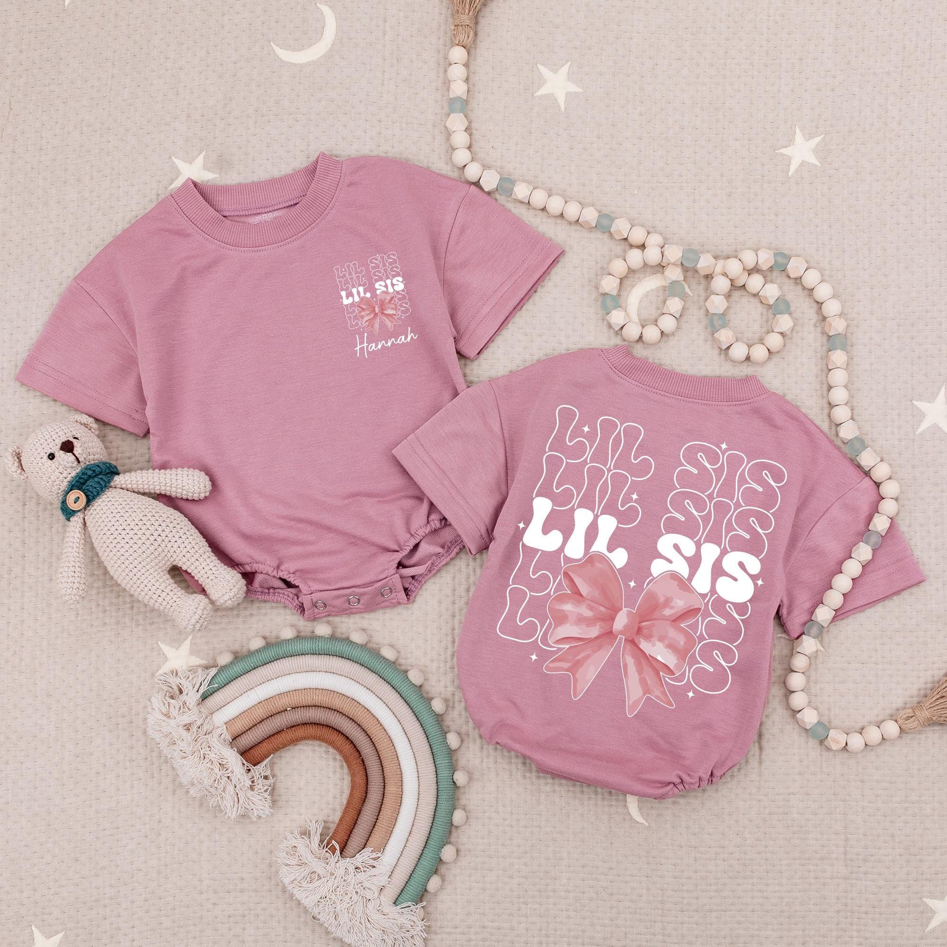 Custom Lil Sis Pink Bow Romper, Personalized Charlotte Baby Girl Outfit, Little Sister Bubble Romper Newborn Gift, Girly Babysuit