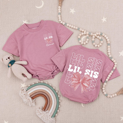 Custom Lil Sis Pink Bow Romper, Personalized Charlotte Baby Girl Outfit, Little Sister Bubble Romper Newborn Gift, Girly Babysuit